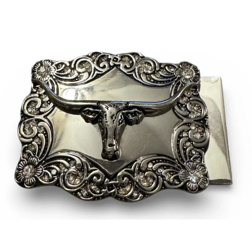 Western Longhorn Steer Belt Buckle Silver Tone Ornate Scroll Cowboy
